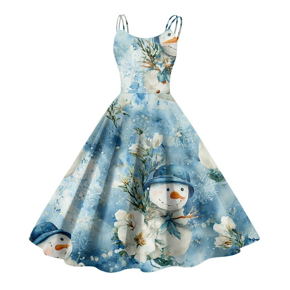 Women's Christmas Print Casual Fashion Round Neck Mid-Length Dress with Vintage Style for Holiday Parties and Casual Outings,Sky Blue,L