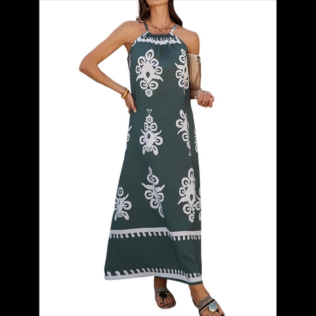 Vestido de Verano para Mujer 2025, Estampado Floral, Tirantes Finos, Holgado, Estilo Bohemio, para Playa y Vacaciones Verde S