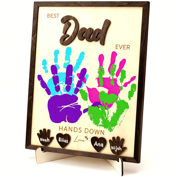 XIBUFE Ever Gifts Hands Down Sign Wooden Handprint Frame Diy,Fathers Day Personalized Gifts from Kids,Daughter,Son-Fathers Day Crafts for Kids,Custom Birthday Gift for New Dad,Stepdad