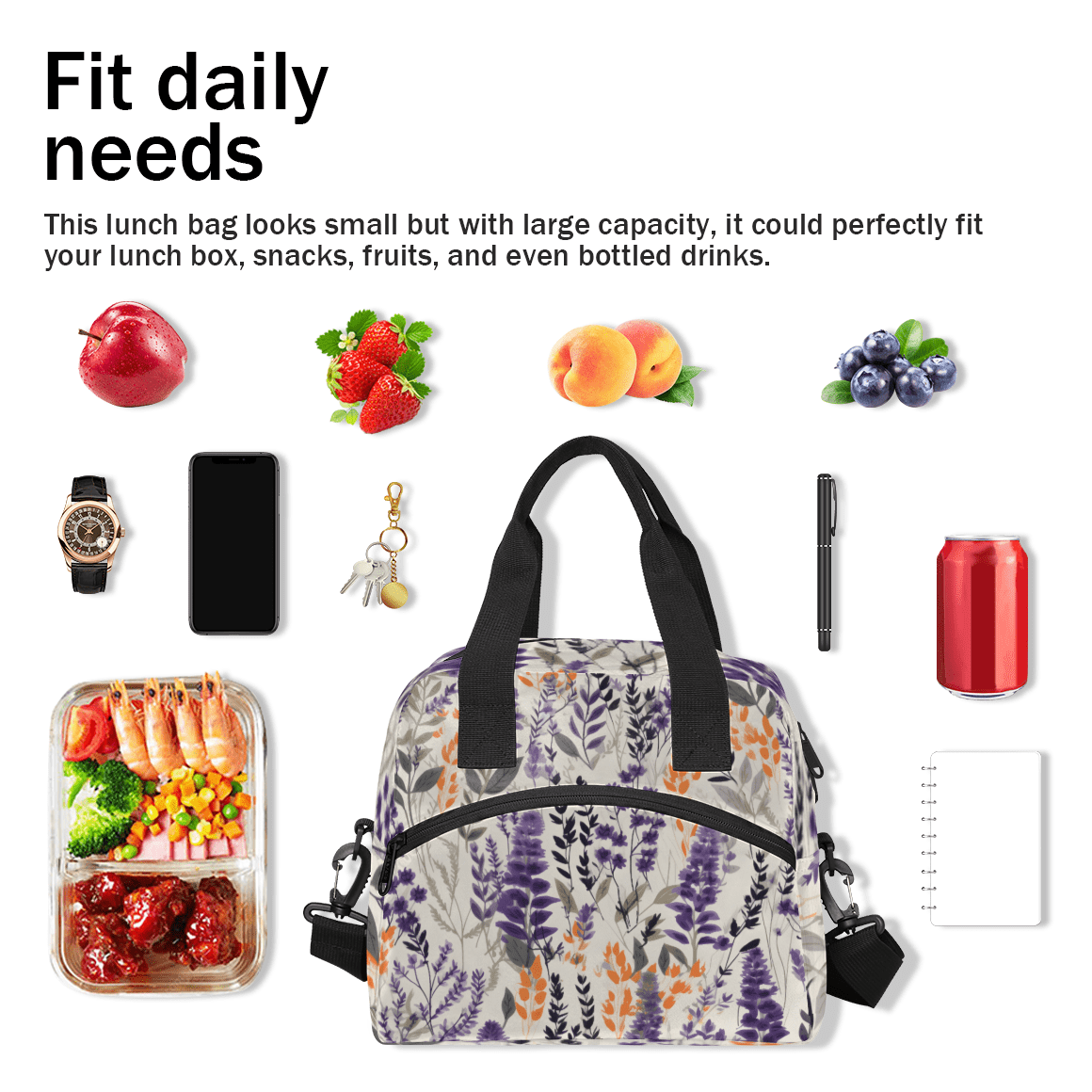 Herdesigns Floral Insulated Lunch Bag for Women Men Adults Large Reusable Lunch Box Lavender Leakproof Cooler Tote Bags with Adjustable Shoulder Strap