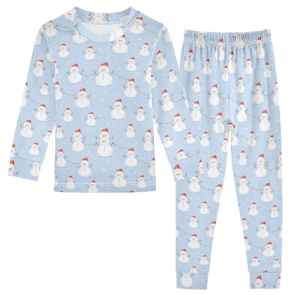 Iauyy Children Cotton Long Sleeve Sleep Tee and Pants Pajama Set, Snowman Blue Printed 2-Piece, Size 18M-8Y
