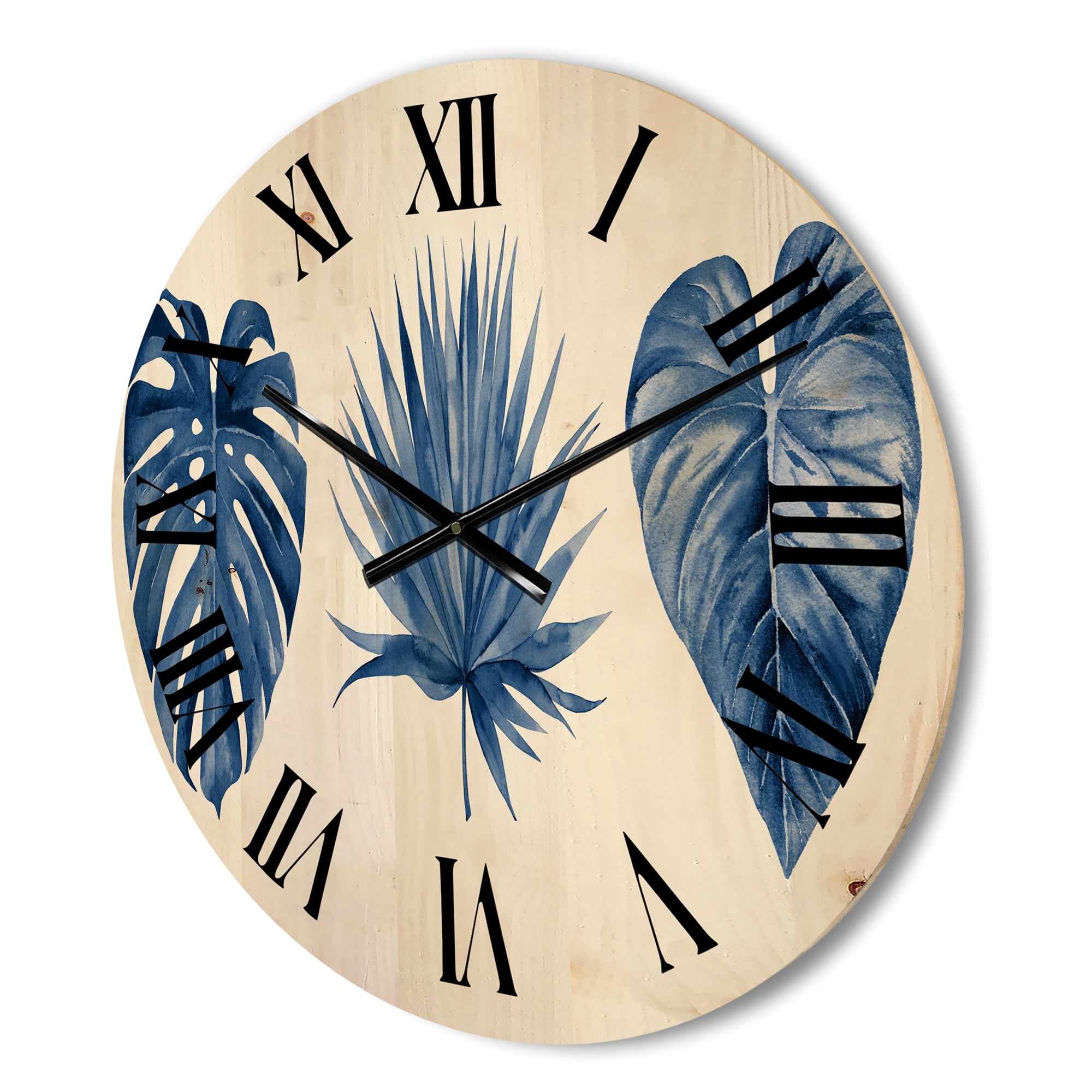 Designart 'Tropical Leaves In Classic Blue ' Tropical Wood Wall Clock