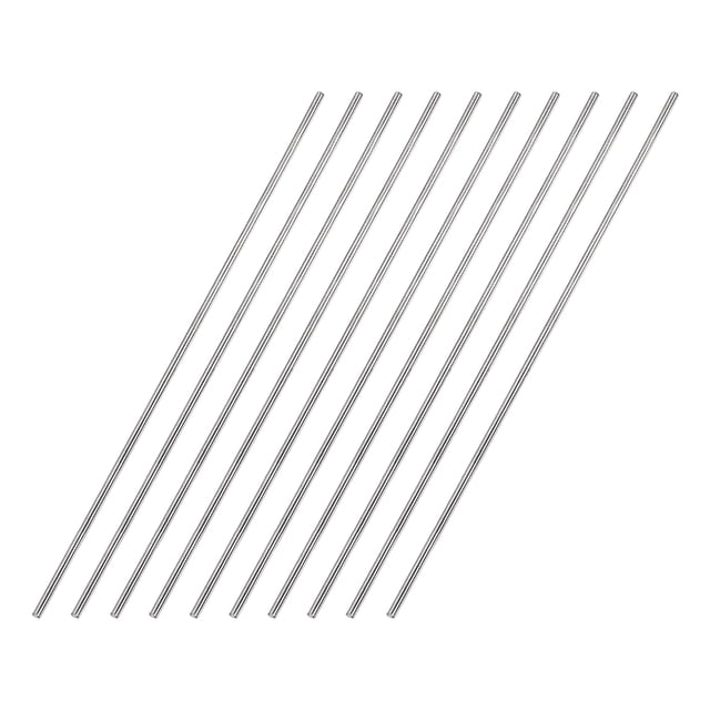 Unique Bargains 2mm x 200mm 304 stainless steel solid round rods, shown in a set of 10 pieces. These silver-tone rods feature a smooth surface and are rust-resistant and corrosion-resistant. Ideal for DIY crafts, gear shafts, motor shafts, and model building applications.