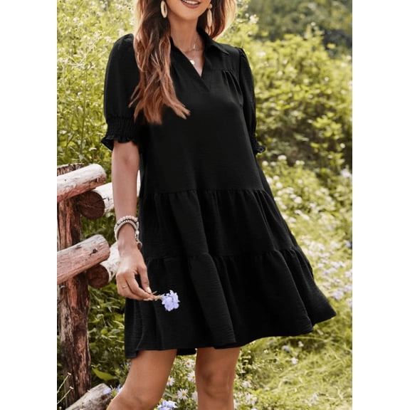 Casual Dresses for Women Lapel Collared V Neck Mid Sleeved Pleated Summer Dresses for Women Midi Dresses