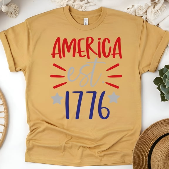 Patriotic Graphic T-Shirt, USA Est. 1776, Short Sleeve Crewneck Tee, Gold, Size M