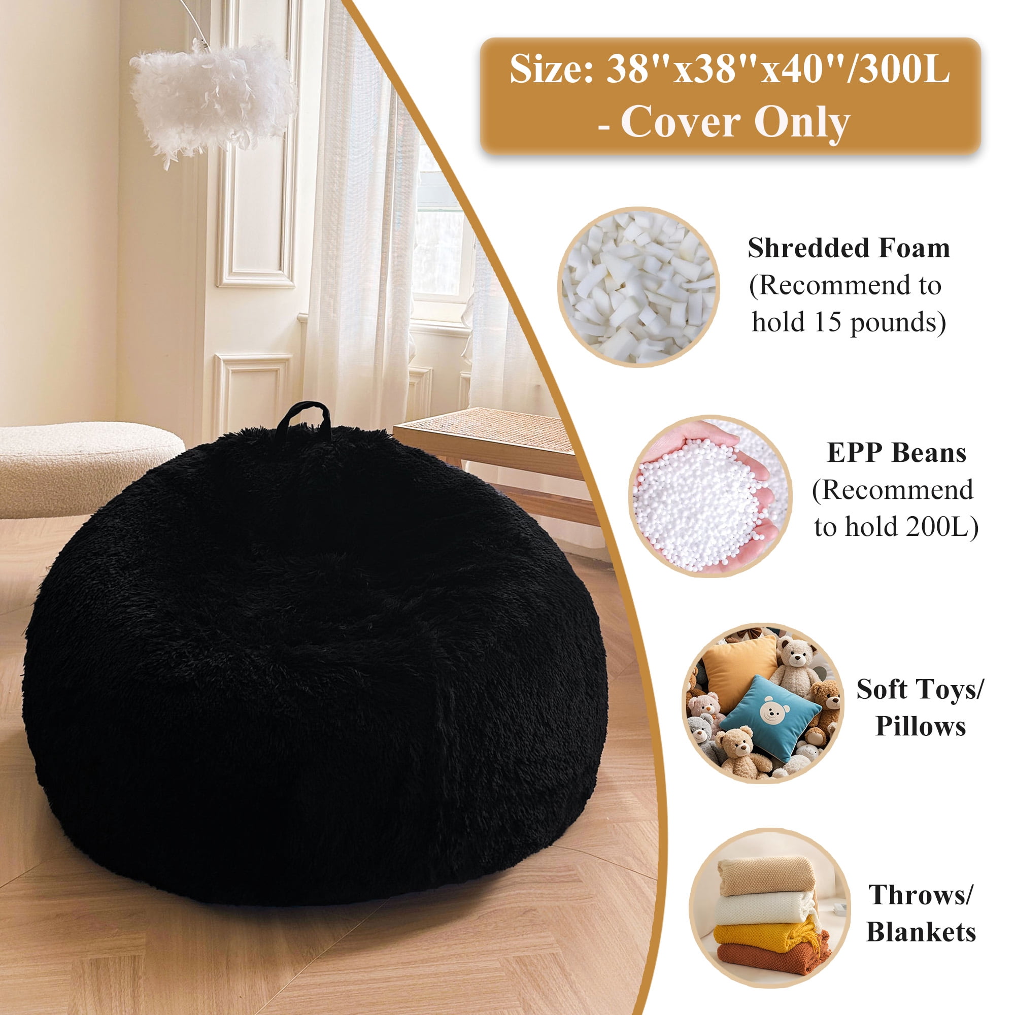 XeGe Fluffy Stuffed Animal Storage Bean Bag Chair Cover(No Filler), Faux Fur Washable Ultra Soft Bean Bag Cover for Plush Toys or Textile, Plush Shaggy Large Bean Bag for Adults Kids Teens, Black