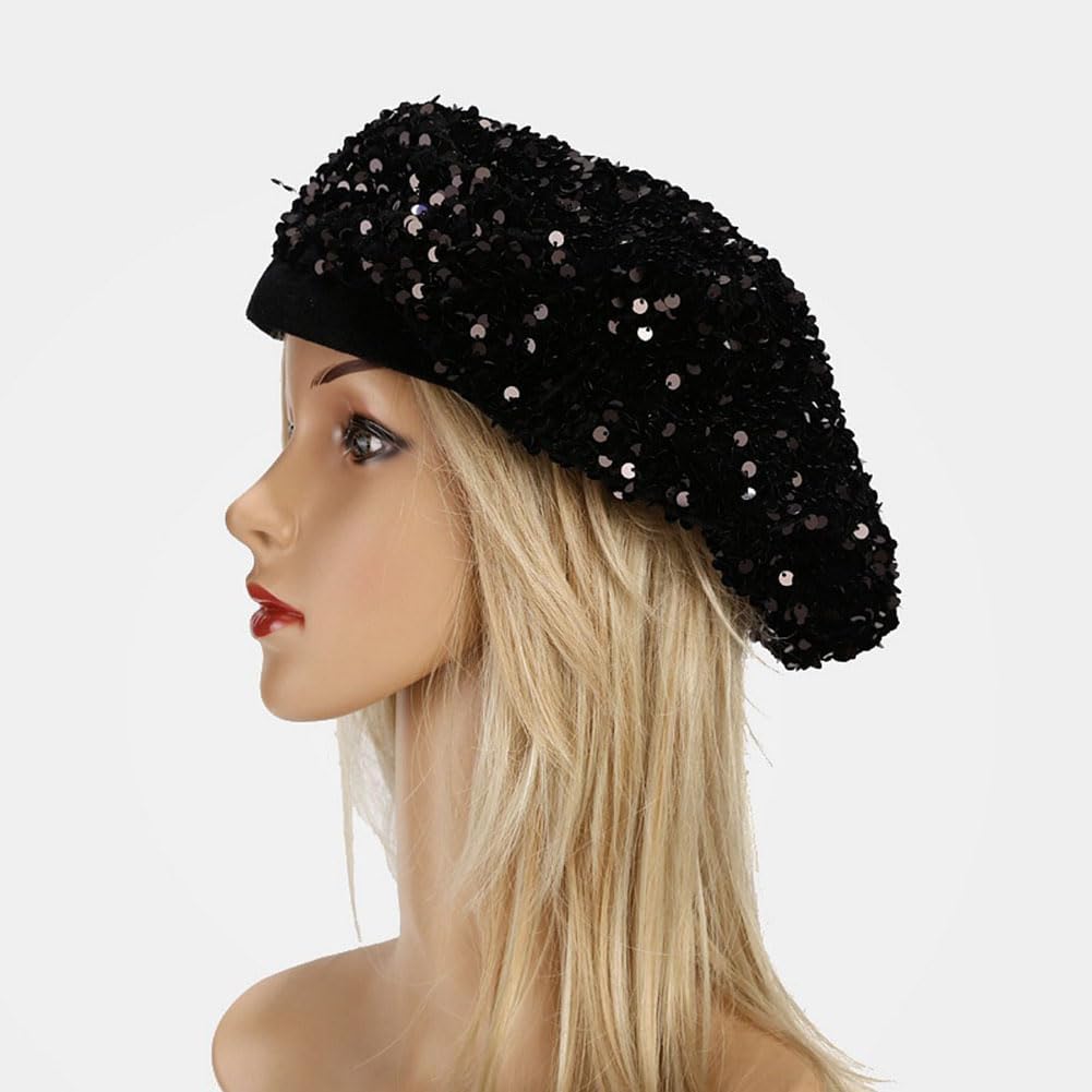 2341 Women Sparkly Sequin Beret Hat Shining French Style Beanie Fashion Artist LinYooLi Women Sparkly Sequin Beret Hat Shining French Style  main image 3