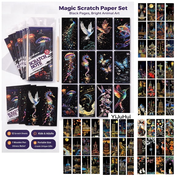 YiJuHui 1pack Scratch Art for Adults -Glow in The Dark Scratch Craft Kit (12 Sheets) DIY Foil Engraving Art Set Stress Relief Gift for Craft Lovers Creative Scratch Art Home Decor