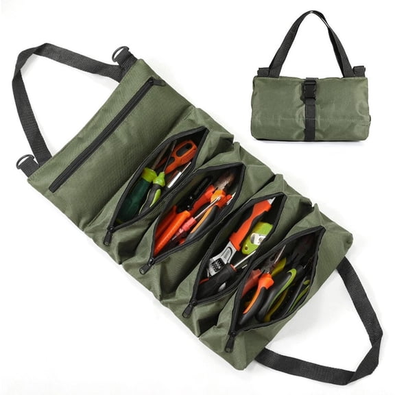 Roll Up Tool Bag, Heavy Duty Tool Organizer with 5 Zippered Pockets, Waterproof Oxford Cloth Tool Roll for Mechanics, Electricians, Repairmen (Green)