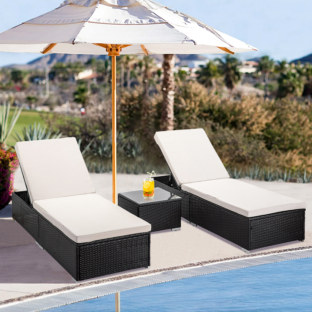 3 Pieces Outdoor Patio Lounge Furniture Set, Outdoor Poolside Reclining PE Rattan Chaise Lounge Set of 2, Tempered Glass Top Coffee Table, Brown PE Wicker and Beige Cushions - image 1 of 11
