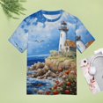 thumbnail image 4 of Lighthouse Sunrise Coast Scenery Pale Blue Tan T Shirts Basic T-Shirt Short Sleeve Ladies Tee Shirt Summer Graphic Clothing, 4 of 6