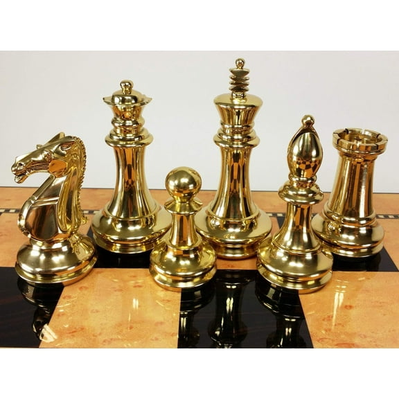Real Brass Metal Black  Gold Staunton 4" King Exclusive Chess Men Set -NO Board