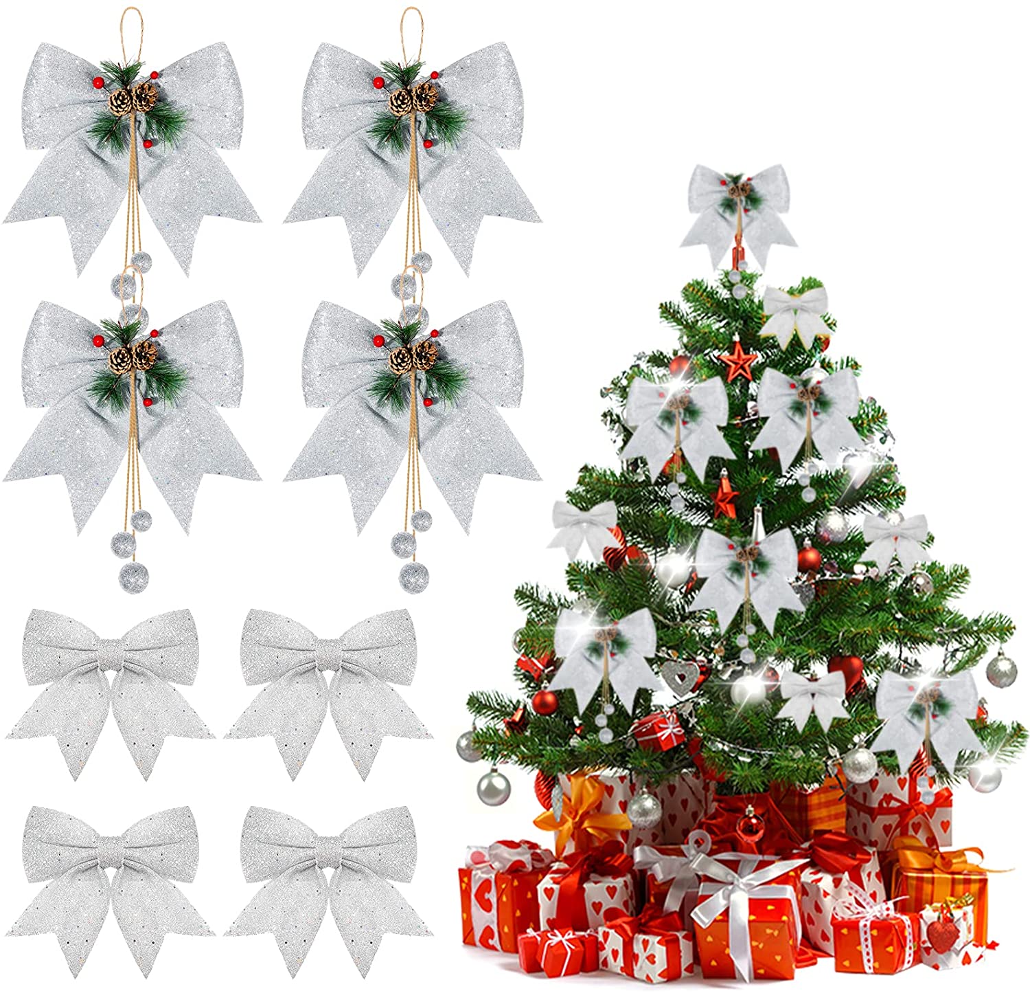 Pcs Glitter Christmas Wreath Bow Christmas Tree Ornaments Bows For