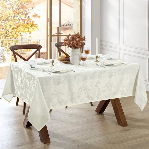 Elrene Home Fashions Elegant Woven Leaves Jacquard Damask Tablecloth, Ivory, 60" x 102" Rectangle