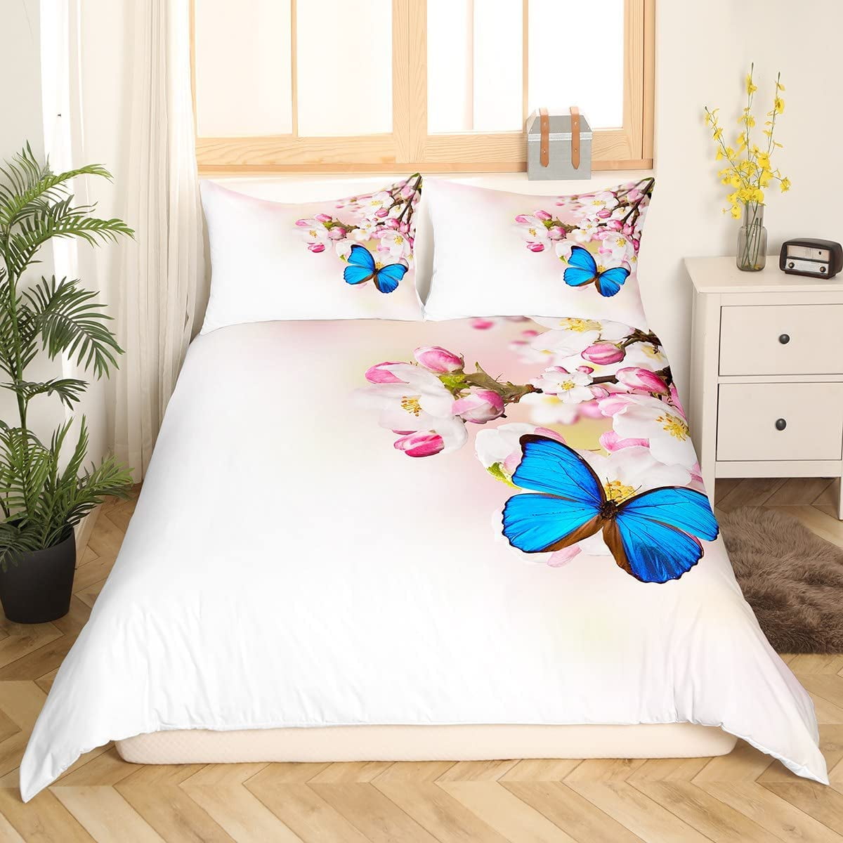 Blue Butterfly Comforter Cover Fairy Butterfly Bedding Set For Kids Girls Women Blooming Floral Printed Duvet Cover Fantasy Garden Theme Bedspreads Cover With 2 Pillow Cases Full Size Pink White Walma...