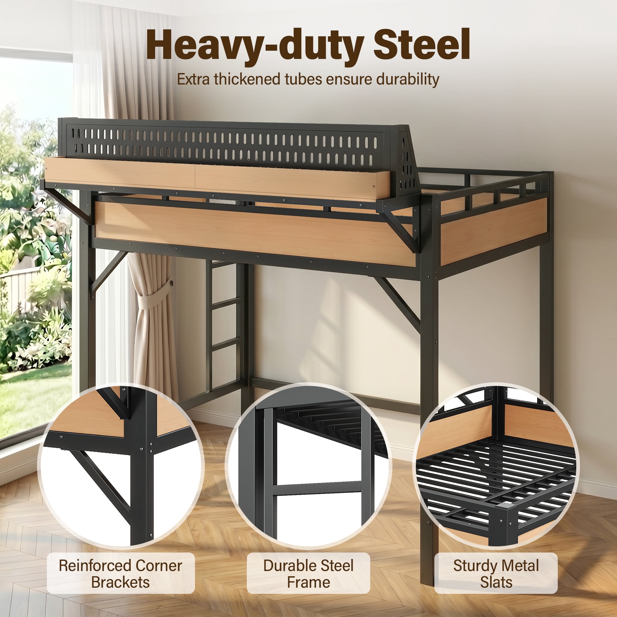 Aukfa Full Size Metal Loft Bed with USB Charging Ports & LED Lights, Heavy Duty Loft Bed with Guardrails for Kids, Adults & Small Bedroom, Natural