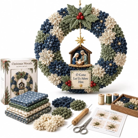 3D Fabric Poke Christmas Wreath DIY Kit, No‑Sew Beginner‑Friendly Adult Craft Set, Handmade Textured Holiday Wreath for Front Door Wall Decor