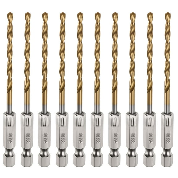 Uxcell 10pack Hex Shank Drill Bit 1/8" M35 High Speed Steel Titanium Coated Twist Drill Bit 91mm Long with 1/4" Shank