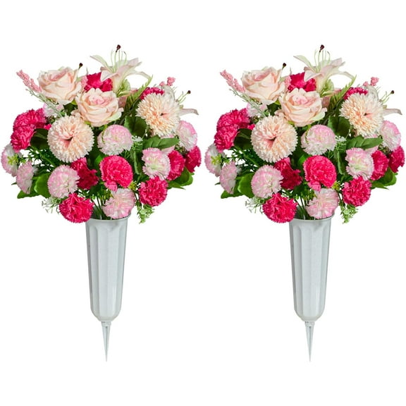 Cemetery Flowers, Set of Artificial Carnation Bouquet Grave Memorial Flowers with Vase for Cemetery Headstones Decoration (Carnation, Rose, Lily)