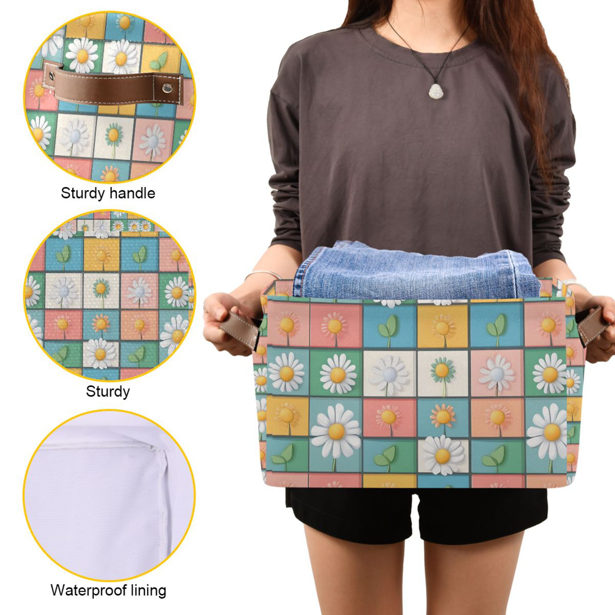 Yayeee Canvas Storage Basket with Handles for Shelves Fabric Bins Closet Organizer, Daisy Mosaic