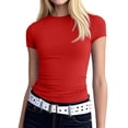 thumbnail image 2 of Womens Stretchy Ribbed High Neck Short Sleeve Gym Workout Slim Fitted Casual Full Length Top T-Shirt Red M, 2 of 4