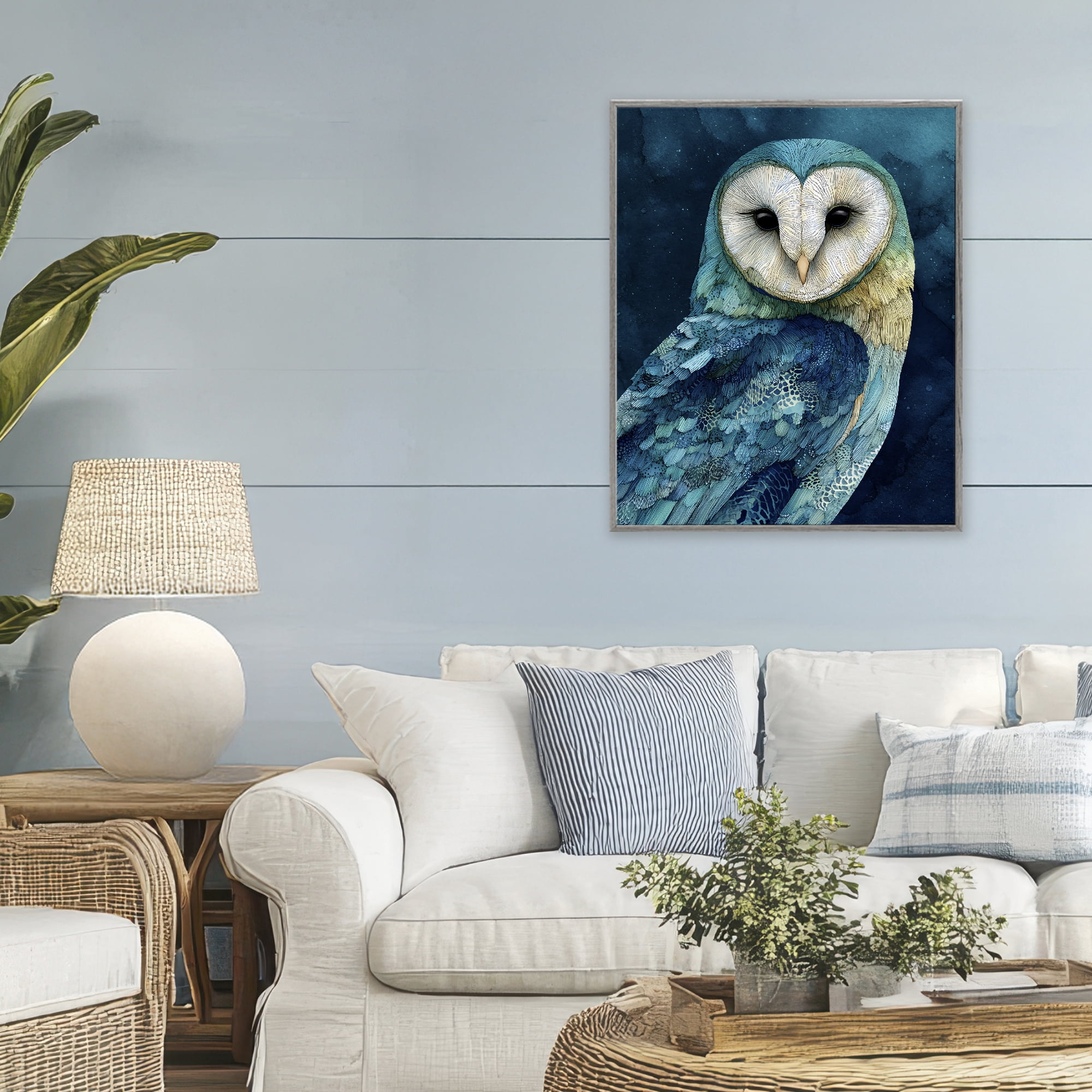 Stupell Industries Cerulean Blue Owl Gray Framed Giclee Art, design by Franklyn Gregory