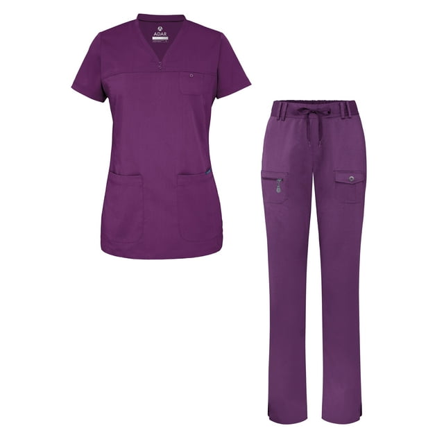 Adar Scrub Set for Women - Curved V-Neck Scrub Top & Tapered Drawstring Scrub Pants - 4402 - Eggplant - M