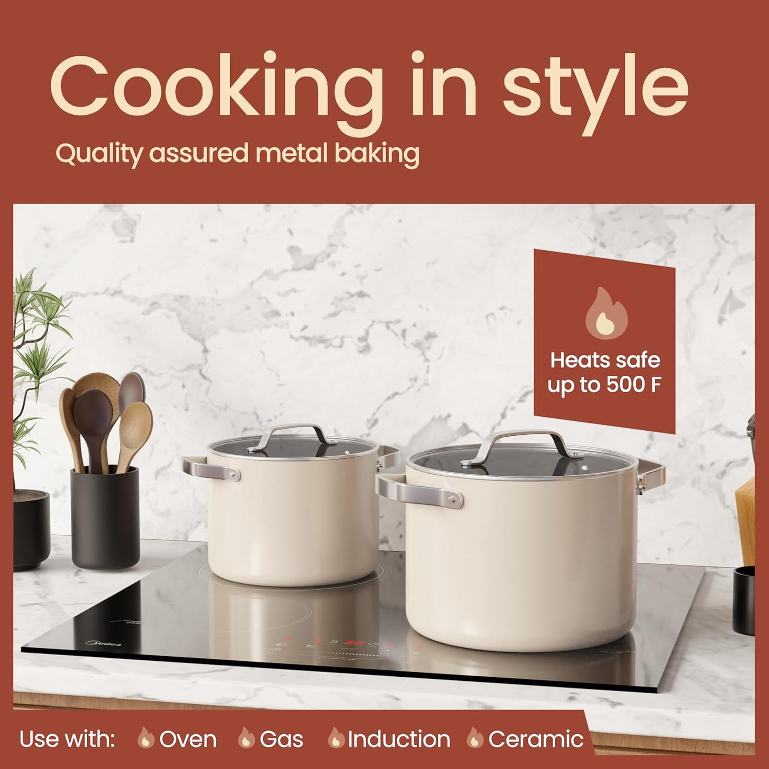 Bakken 3 Quart Ceramic Coated Stock Pot with Glass Lid, Nonstick, Oven Safe to 500°F, Stainless Steel Handles, All Stove Compatible, Cream