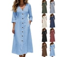 thumbnail image 2 of Oksale Casual Dresses for Women Sumemr Button Down V Neck Midi Cotton Linen Dress Cozy 3/4 Length Sleeve Vacation Dresses with Pockets Ladies Fall Outfits Gray XL, 2 of 8