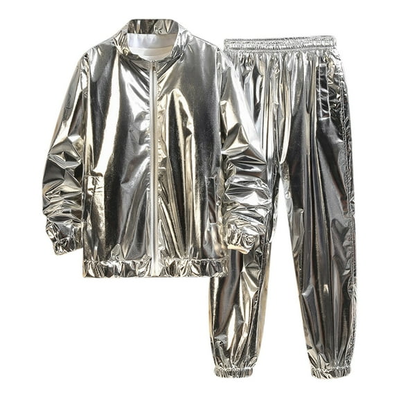Oplxuo Men's Metallic Jacket and Pants Set Shiny Jogging Suits Sweatsuits for Disco Cosplay Party