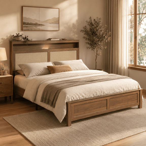 Miniyam Queen Bed Frame with Storage Headboard, LED Light and Charging Station, Cane-Inspired Platform Bed, Brown