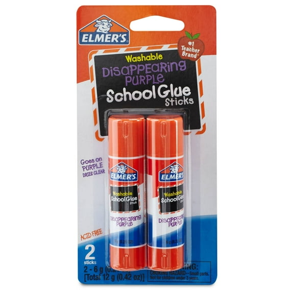 Elmer's Disappearing Purple School Glue Sticks, Washable, Valentines Day Party Supplies, 2 Sticks