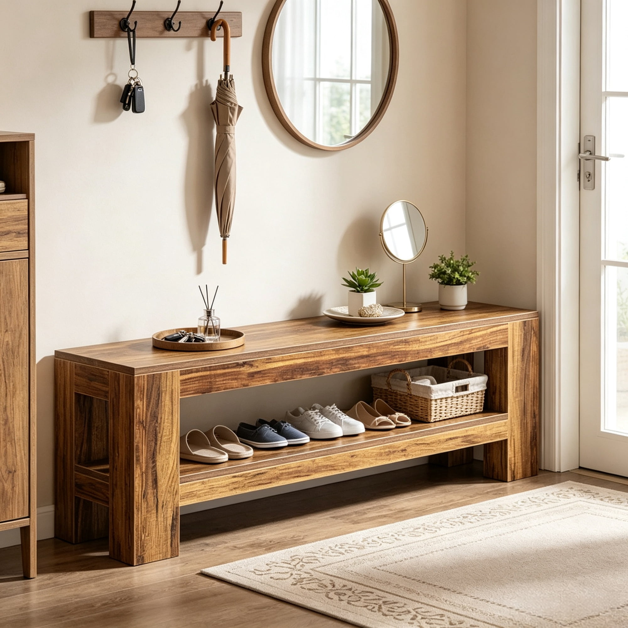 Farmhouse 64.17 in Entryway Bench, MDF Shoe Storage Console and End of Bed Table