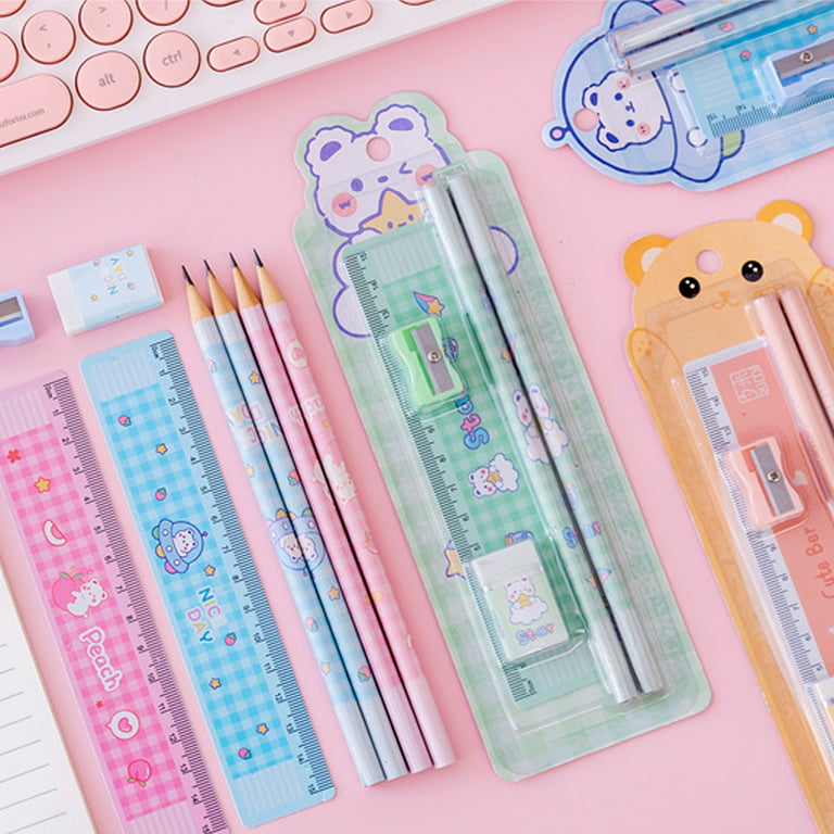 NUZYZ 3 Set Stationery Set Lovely Bear/Cat Cartoon Cute Sharpener Eraser  Ruler Set School Supplies