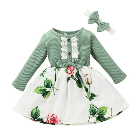 

XINSHIDE Dress Kid Set Ribbed Princess Bow Headband Girls Dresses Party Floral Floral Splice Ruffled Baby Toddler Girls Dress&Skirt Party Dress For Girl