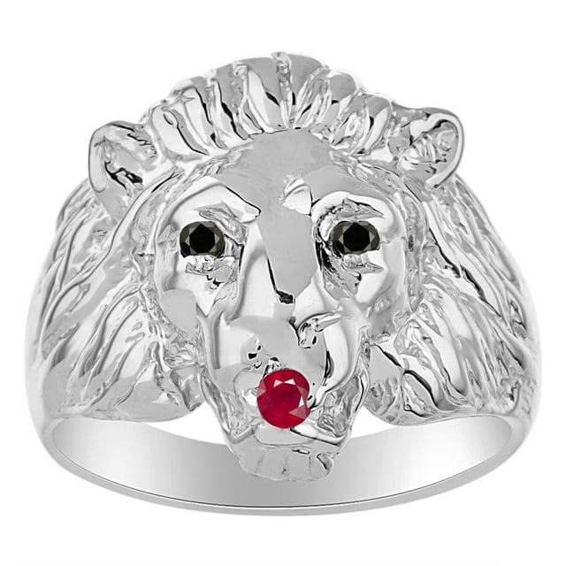 RYLOS Rings Sterling Silver Lion Head Ring Black Diamonds Eyes & Gemstone Mouth Fun Designer Rings Ruby Jewelry Size 13