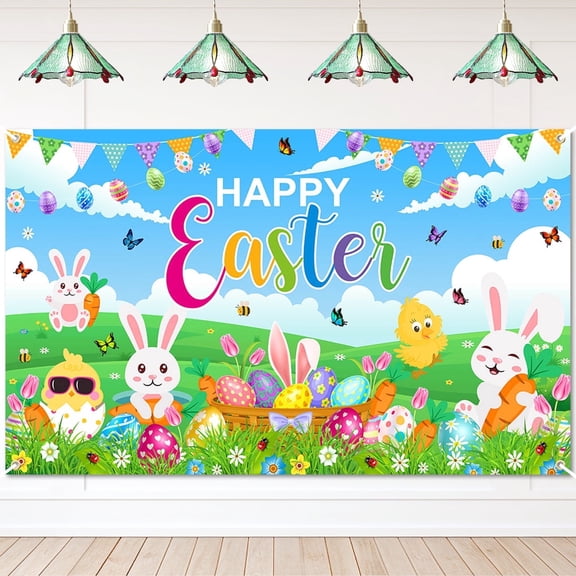 Mocsicka Happy Easter Backdrop Spring Bunny Easter Banner Photo Background Party Decorations, 6x3.6 ft