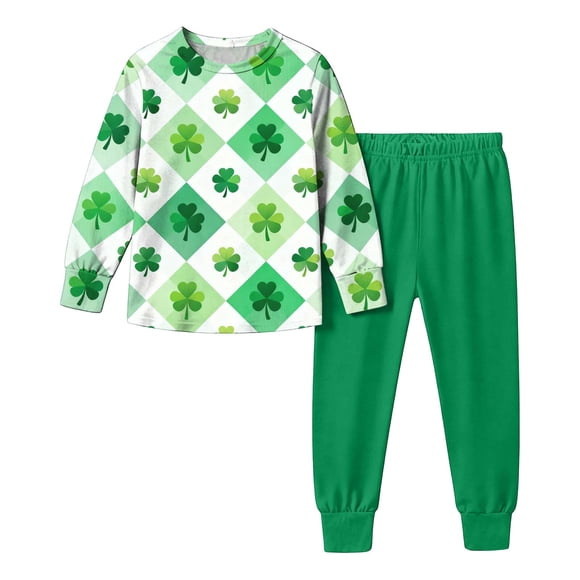 Wo-Fusoul St. Patrick's Day Printed Long Sleeve Shirt and Pants Set for Boys and Girls, Green, 120 Size, 2-Piece Outfit