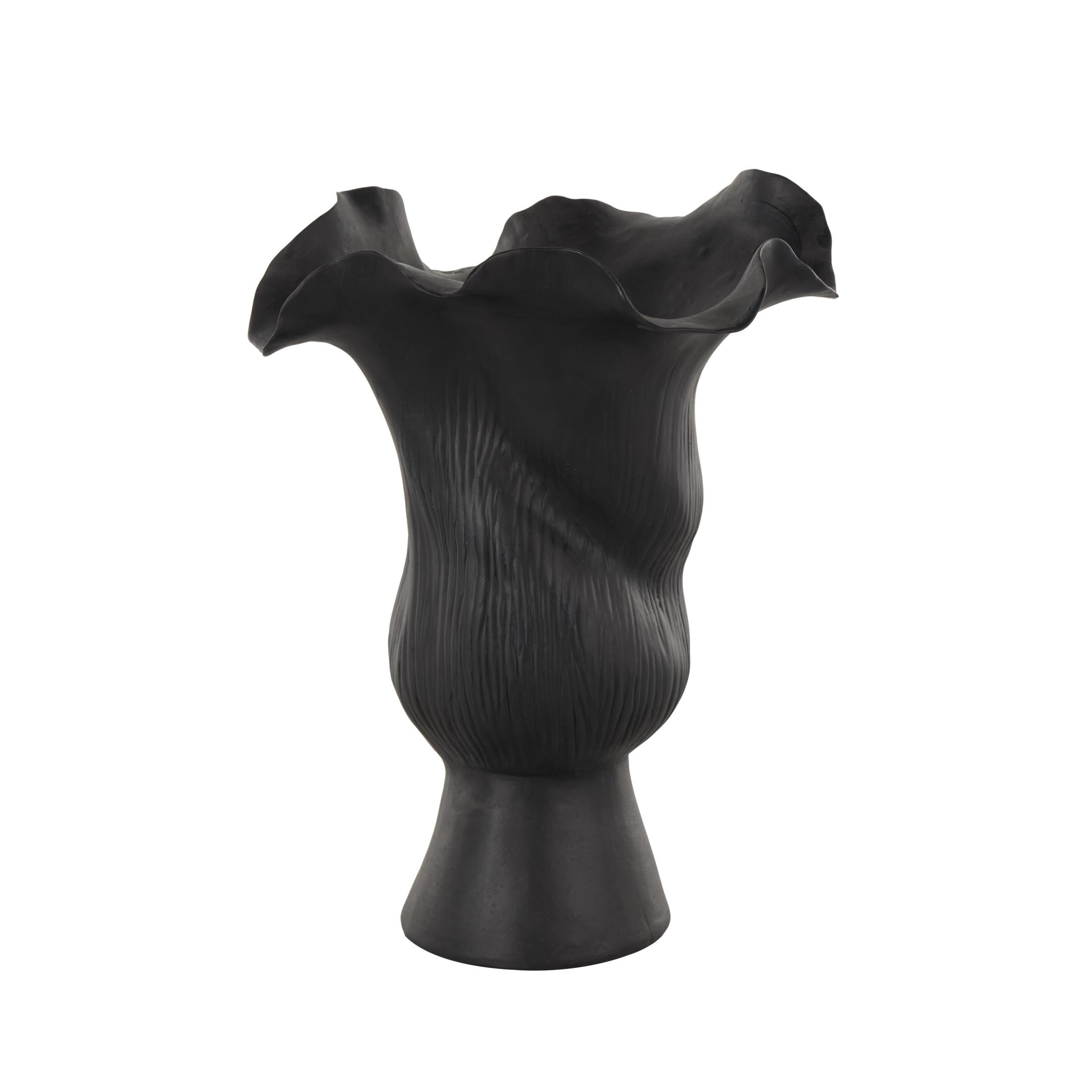 DecMode 11" Abstract Floral Inspired Black Ceramic Vase with Wavy Folded Rim and Linear Grooves