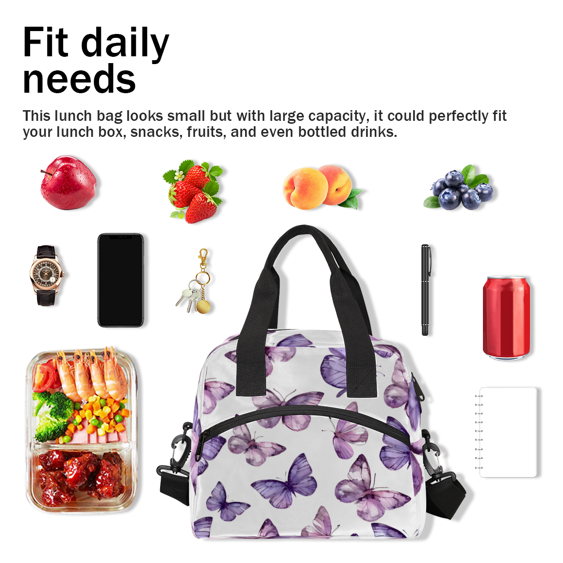 Herdesigns Butterfly Insulated Lunch Bag for Women Men Adults Large Reusable Lunch Box Leakproof Portable Cooler Tote Bags with Adjustable Shoulder Strap