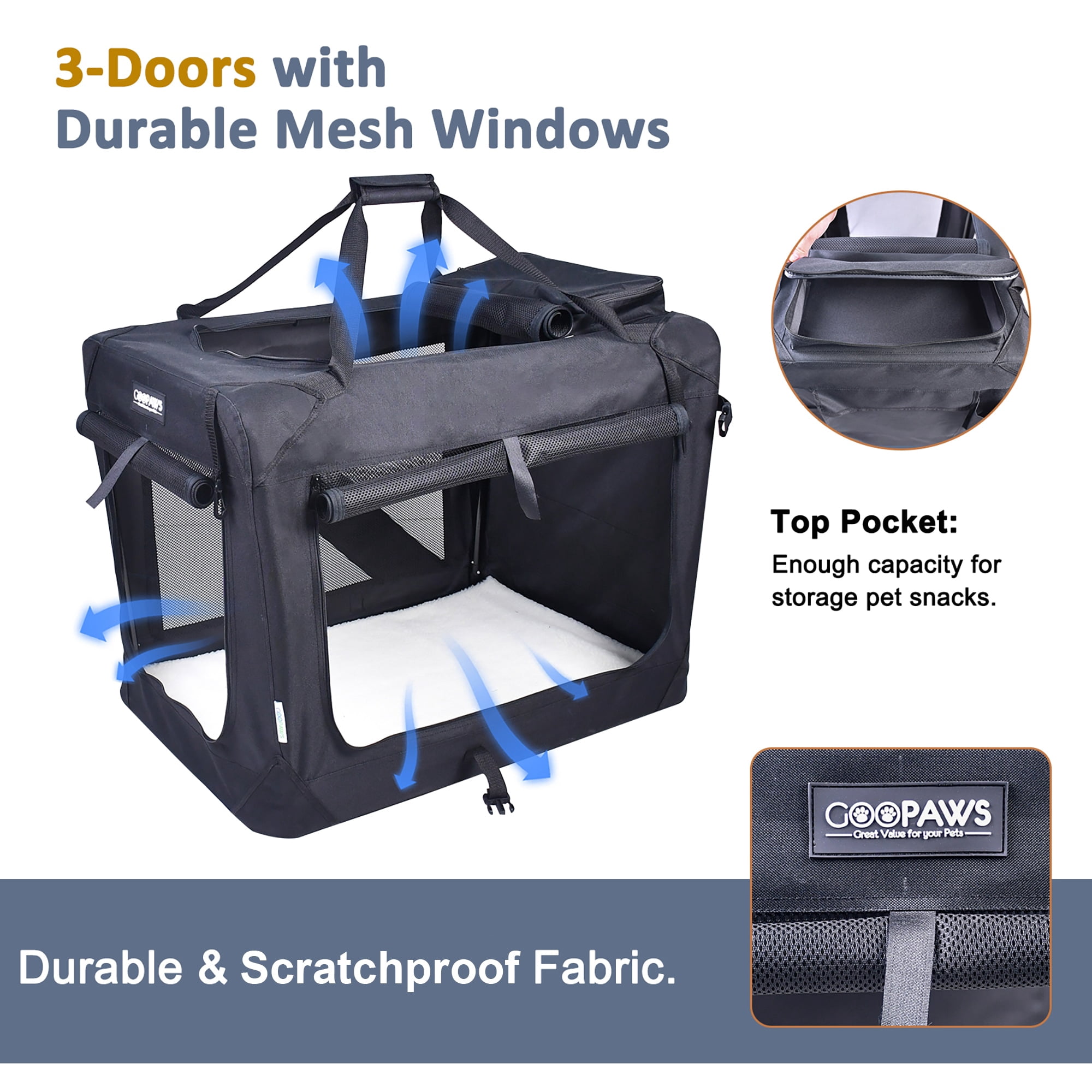 JESPET: 30" Soft Pet Crate - Black - Dogs & Cats Up to 50 lbs, 3 Door Folding Kennel, Indoor Outdoor Travel Carrier, Mesh Windows, Fleece Mat, GooPaws