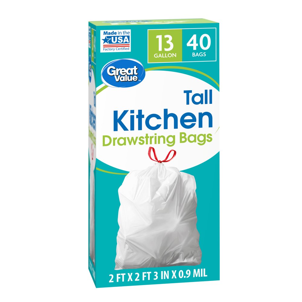 Great Value Tall Kitchen Trash Bags, 13 Gallon, 40 Bags (Drawstring