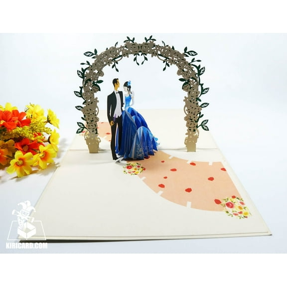 Wedding Day Pop Up Card – 3D Bride & Groom Under Floral Arch – Handmade Luxury Wedding Greeting Card, Anniversary Card, Engagement Card – Includes Envelope