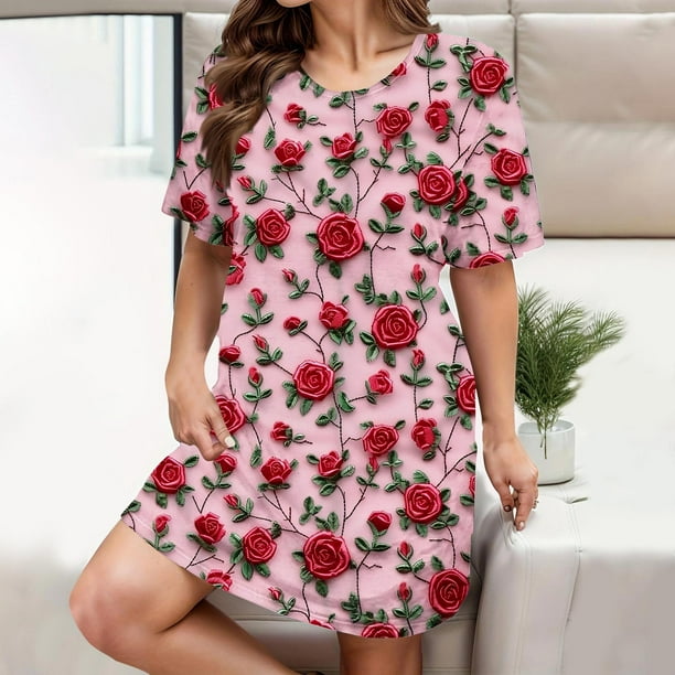 Camisón corto para mujer, cuello redondo, manga corta, estampado, talla grande, informal