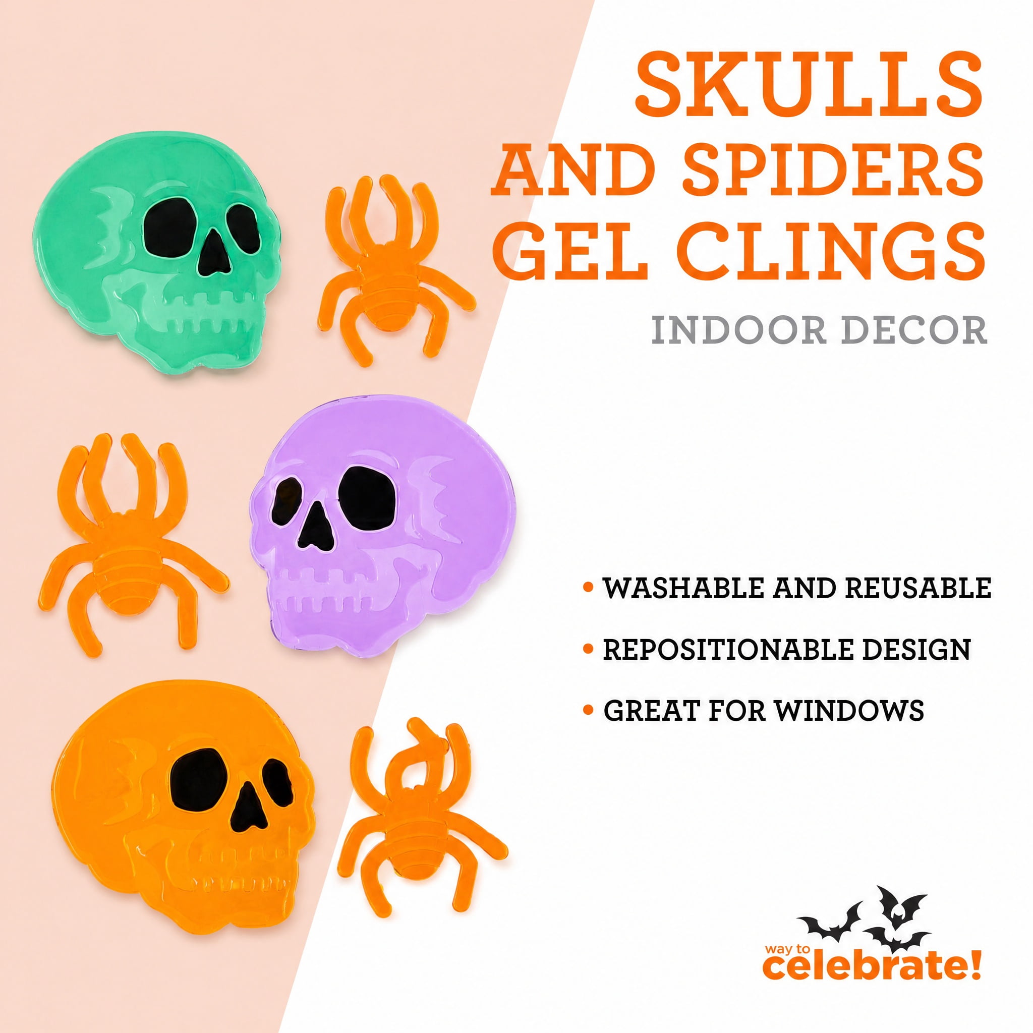 Skulls and Spiders Gel Clings, Multicolor, 5.5" x 12.1", Halloween by Way To Celebrate