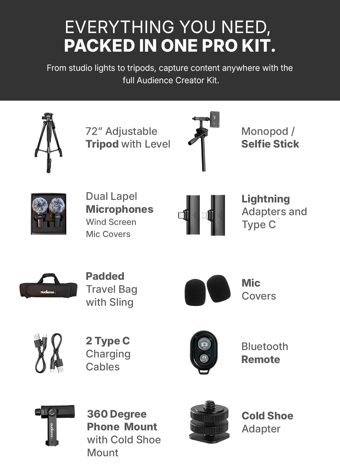 Audience Professional Mobile Creator Kit - 72" Adjustable Tripod with Monopod, LED Fill Light, Dual Lavalier Microphones, Rotating Phone Mount, Bluetooth Remote & Travel Case