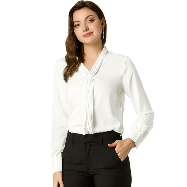 Blusa Elegante de Oficina Allegra K para mujer Camisa Plisada con cuello de Lazo y Manga Larga Blanco S