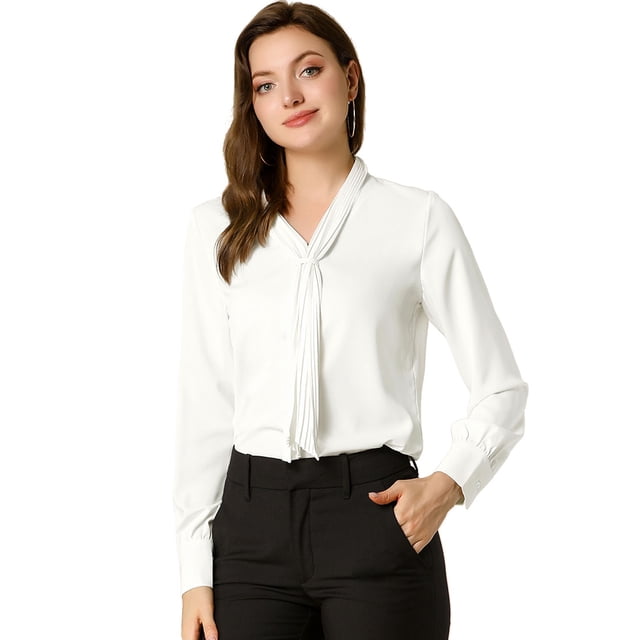 Blusa Elegante De Oficina Allegra K Camisa Plisada Con Cuello De Lazo Y Manga Larga Blanco M