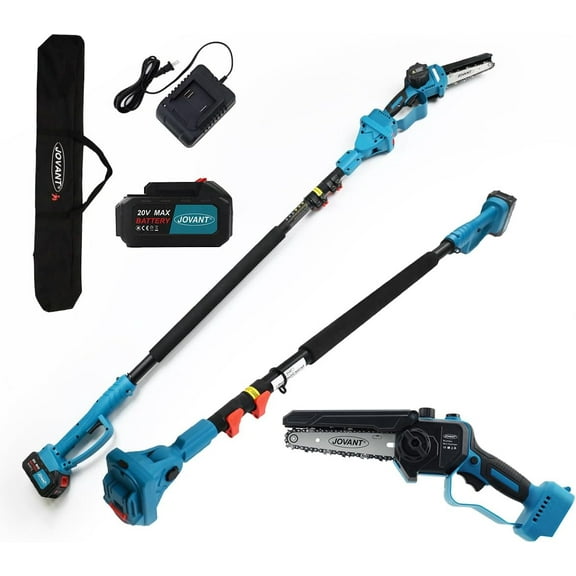 Pole Saw for Tree Trimming,15-Foot Reach pole tree trimmer. 6inch electric pole Chainsaw for branch and wood cutting with Portable Bag and 20V 4A Battery Jovant