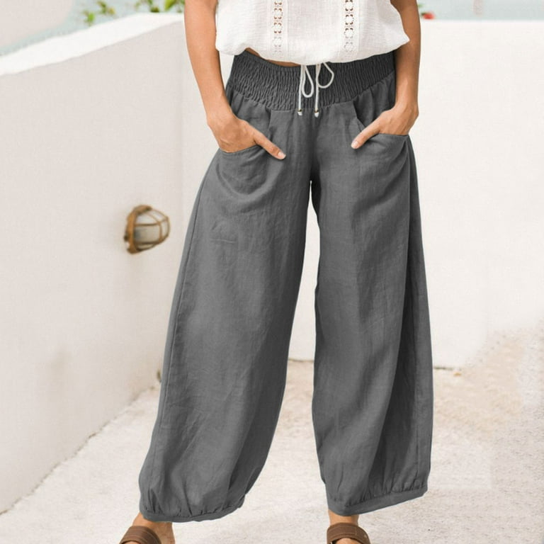 CZHJS Women's Solid Color Cotton Linen Pants Clearance Fashion Comfy Light  Weight Fit 2023 Summer Trousers Long Palazzo Pants Baggy Slacks Wide Leg  Beach Trousers with Pockets High Waist Dark Gray S 